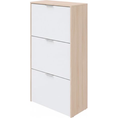 Mobile Portascarpe Salvaspazio Con 3 Ante A Ribalta Capacità Fino A 18 Paia Scarpiera Design Moderno E Minimal Per Ingresso Corridoio Camera Ripostiglio  113 x 60 x 22 Cm Rovere E Bianco Lucido
