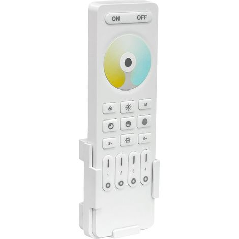 White 2.4 GHz RC02RF four-zone remote control for brightness and color temperature adjustment, compatible with dual color temperature controllers.