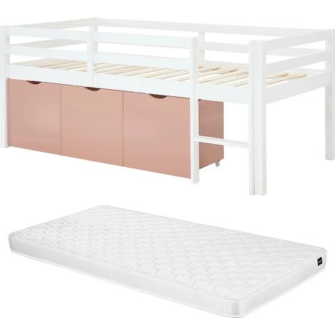 Letto mezza altezza 90 x 190 cm con contenitore - Pino e MDF - Bianco e rosa + Materasso - LANIORI (1/5)