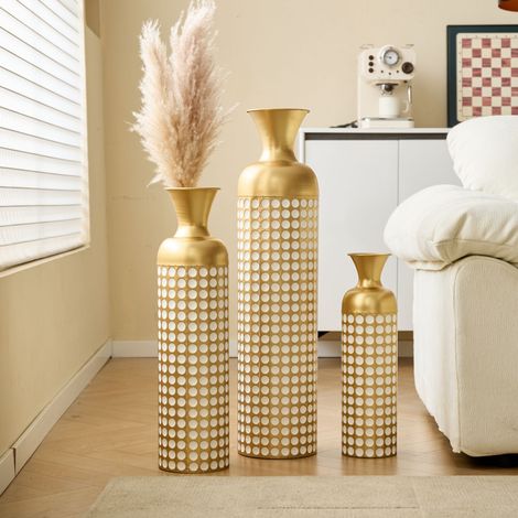 Ensemble de 3 vases de sol dorés en métal à motifs pois blancs, empilables pour rangement compact, grandes vasques hautes pour fleurs séchées et pampa, décoration luxueuse pour salon couloir hôtel, sa (1/5)