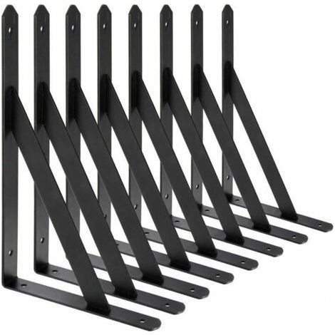 Equerre Etagere Murale, 8 Pcs Supports Triangulaires de 90 Degrés en Acier, Équerres Étagères 200mm x 120mm, Support d'angle Brace (Noir) (1/4)