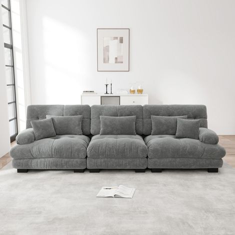 Divano 3 posti modulare 313x77x81 cm - Tessuto ciniglia effetto cloud con seduta profonda per salotto e ufficio - Grigio