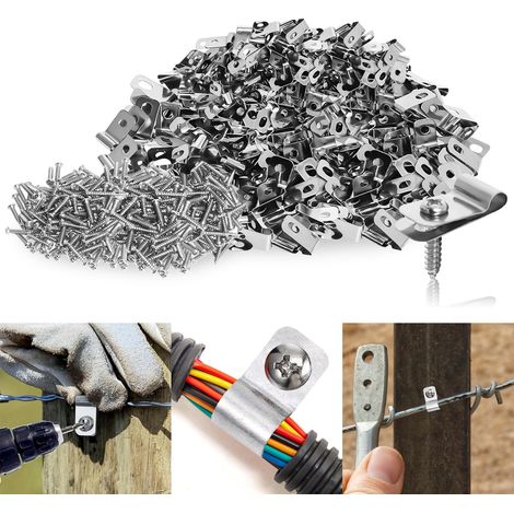 200 Pièces Pince de Fixation Acier pour Clôture Agricoles, Clips pour Clôture Agricoles en Acier Inoxydable avec Vis pour Fil Soudé Sur Clôture en Bois, Métal ou Vinyle (1/5)