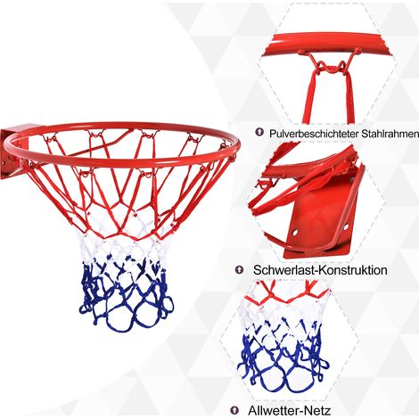 Panneau de basket HOMCOM avec panier et filet Ø46 cm, fixation murale, intérieur et extérieur, pour jeunes et adultes, rouge, bleu et blanc (1/4)