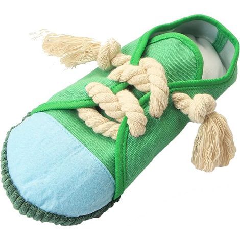 Hundekauspielzeug (Schuh) – Schuhförmiges Kauspielzeug – Reißfestes Plüschmaterial, ideal gegen Langeweile und beim Zahnen – Grün – Spielzeug