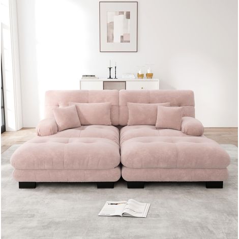 Divano modulare angolare rosa in chenille con ottomane mobili, braccioli ampi e cuscini lombari (1/5)