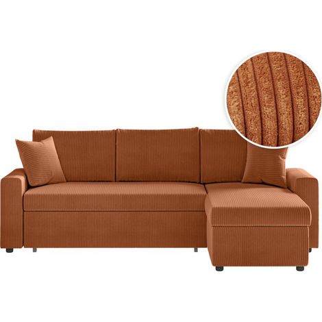 Loungitude – Canapé d'angle convertible réversible en velours côtelé – Couchage 140 x 190 cm – Grand coffre de rangement – Terracotta (1/5)