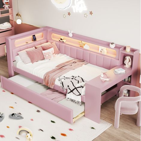 Lit banquette 90x200 cm rembourré en MDF rose avec LED, USB, lit gigogne et bureau intégré (1/5)