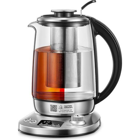 Bouilloire Électrique, 9 Réglages de Température, Bouilloire en Verre, 2200W, 2H de Maintien au Chaud, 1.7L avec Infuseur Amovible, Ecran LCD, Verre Borosilicaté et Acier Inoxydable (Argent) (1/5)