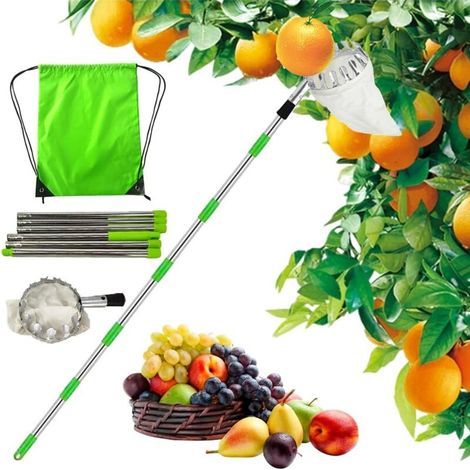 Cueille Fruits avec Sac, Cueilleur de Fruits Amovible, Avec Manche Télescopique, 2.4 m Ramasse Fruit de Inox, Sac de Collecte (1/4)