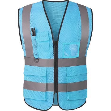 Gilet de Sécurité Haute Visibilité Chantier BTP Jardinage - Lot de 8 Gilets Réfléchissants en Maille Respirante Bleu Clair pour Homme et Femme-lsw