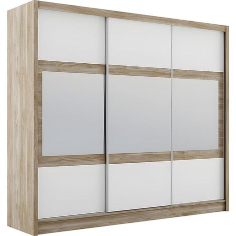 Armadio 3 ante scorrevoli con specchio L250 cm Naturale e Bianco - LEOVIA (1/4)