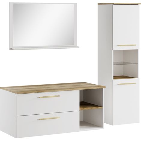 Mobili da bagno Bravos 100 cm - bianco con rovere - specchio e mobile laterale