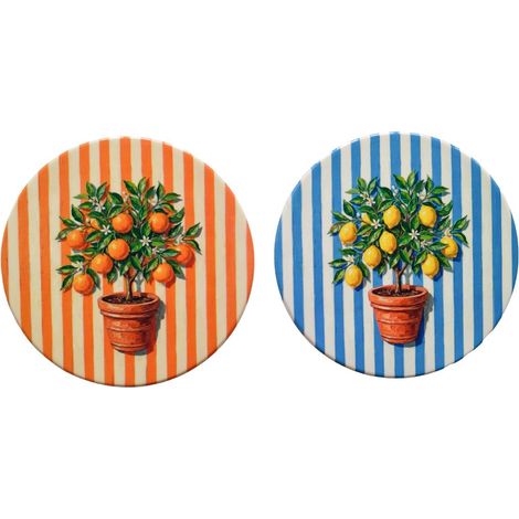 Set de 2 posavasos de cerámica rayas naranjo y limonero 11 cm (1/5)