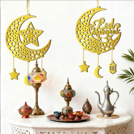 2pcs Set Ramadan bénédiction hanging decor, en bois Eid heureux hanging List, pour la décoration murale de la porte de la chambre à la maison, nouvelle étoile lune lanterne Château ornement, musulman (1/5)