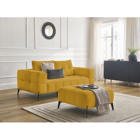 BOBOCHIC - Canapé droit fixe 2 places ANIS tissu texturé avec pouf Jaune (1/5)