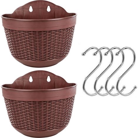 Lot de 2 pots de fleurs, plastique, suspension murale, système drainage, 4 crochets inclus, balcon jardin intérieur extérieur (1/5)