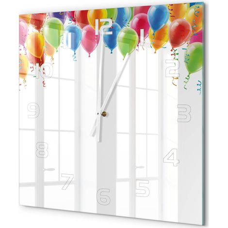 Grande Horloge Murale Carrée Verre Trempé Haute Qualité Silencieuse Design Moderne Ballons colorés 60x60 cm (1/5)