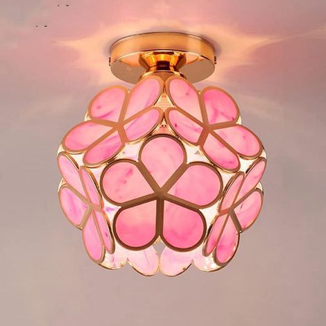 Suspension fleur en verre cerisier, abat-jour pétale rose clair, luminaire plafond pour couloir et salon rose (1/5)