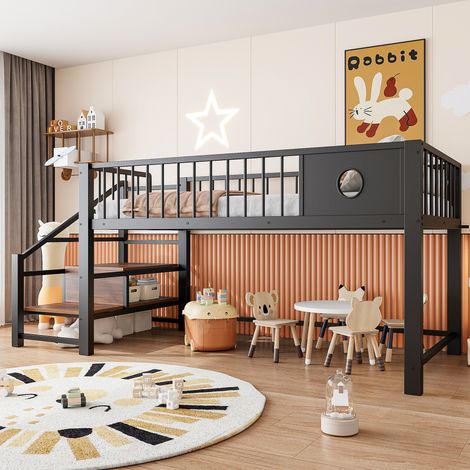 Lit surélevé bas enfant 90x200 cm avec échelle à tiroirs, cadre métal solide, idéal ado et enfant, couleur noir