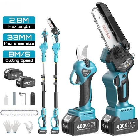 3-in-1 Brushless Telescopico Palo Forbici a Ramo Alto Motosega Elettrica Strumenti di Potatura da Giardino Per Makita 18V Batteria Spille, Con 2 batterie da 2,0 Ah