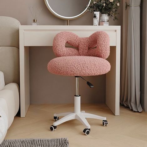 WILITTO Chaise de Bureau et Coiffure Rose avec Dossier en Nœud - Hauteur Réglable, Tissu Pelucheux, Roues 360°,Idéale pour Chambre et Bureau (1/5)