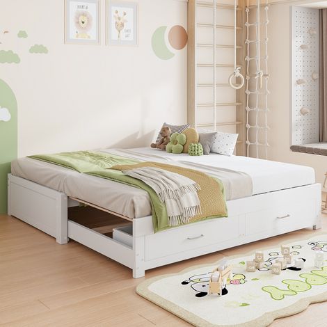 Canapé Lit 90/180x190cm - Sans Accoudoirs Ni Dossier - 2 Tiroirs de Rangement - Mécanisme Extractible - Sommier à Lattes - Capacité 120kg - Blanc (1/5)