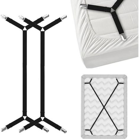 Drap Housse - Bretelles de Fixation pour Drap de Lit - Sangles Croisées avec Clips Métalliques et Boucles Réglables - Lot de 2 (4 Pièces) (1/5)