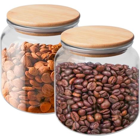 Set of 2 glass storage jars with airtight lids, 500 ml, with bamboo lids, for cooking, coffee, spices, cereals (1/5)