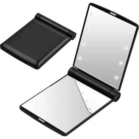 Faltbarer LED-Taschenspiegel – Schwarz, Reise-Taschenspiegel, kleiner Faltspiegel, tragbarer Schminkspiegel, Handtaschenspiegel, Taschenspiegel mit 8 LEDs, Geschenk für Frauen (1/4)