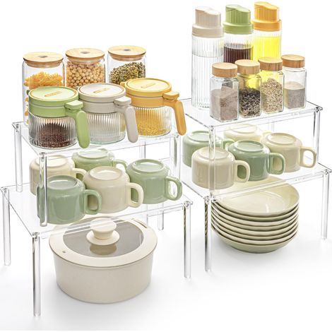 Organizador de armario de cocina (juego de 4), estante de cocina, organizador de cocina, especiero apilable, estante pequeño, soporte para tazas