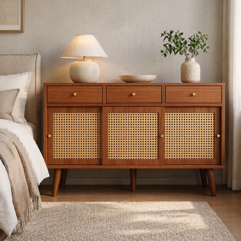 Sideboard 120 x 40 x 78 cm, 3 Schubladen, 3 Schiebetüren, Nussbaumfarben HAVRYA (1/5)
