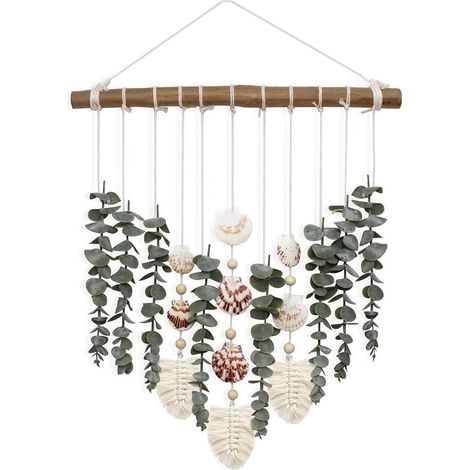 Décoration Murale Bohème Wreath Artificial Eucalyptus Plantes Vert Faux Fleurs Perles Bois Cloches Coquilles Déco Salle de Bain Salon Intérieur Vintage (1/4)