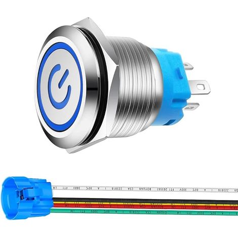 Gebildet Stainless Steel Push Button Lock Switch LED Power Symbol 12V-24V 5A Waterproof Lever Switch with Socket Plug Blue LED (1/4)