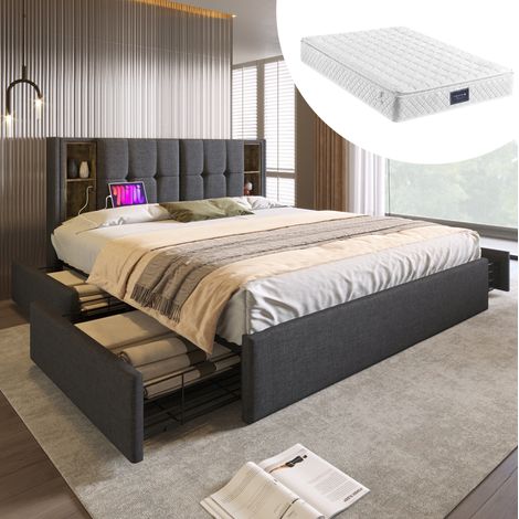 FLORAGRACE Cadre de lit double 160x200 cm en tissu gris avec recharge sans fil, ports USB-C et 4 tiroirs (1/5)
