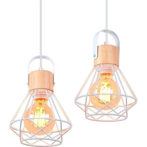 2pcs Suspension Luminaire Industrielle, 16CM Vintage Lustre Suspension en Fer et Bois Rétro Cage Design Blanc pour Salon (1/5)