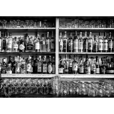 Tableau style industriel blanc & noir | Tableau bouteilles d'alcool idéal pour salon | Tableau sur toile moderne pour couloir 0,7 x 0,5 m (1/2)
