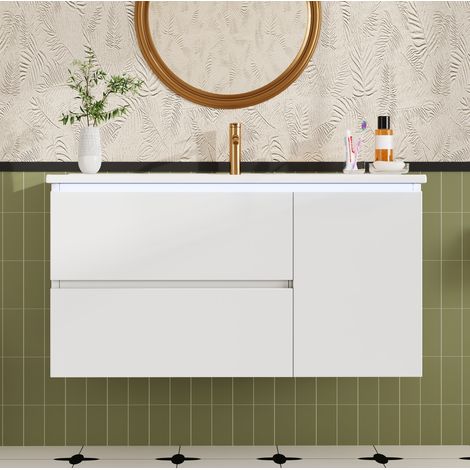 Meuble de salle de bains suspendu avec lavabo en céramique blanc OKMYHOME (1/5)