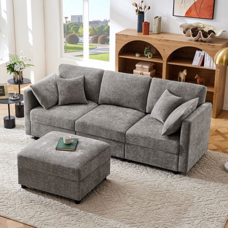 Sofá modular de 3 plazas 218 x 156,5 x 86 cm, chenilla gris, FloraGrace (1/5)