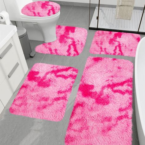 Tapis De Salle De Bain - 5 Pièces Non Glissant Absorbant Eau - Velours Fleece Et Mousse Mémoire - Dimensions Variées 40x38 À 40x80 Cm - Rose (1/5)