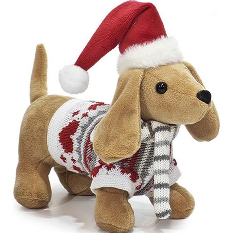 Cane Bassotto Natalizio Morbido H20 cm con vestito GRIGIO Cappello e Sciarpa  a Babbo Natale e Maglioncino Lavorato a Maglia Pupazzo Peluche Decorativo per Casa,Feste idee regalo (1/5)