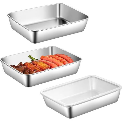 Lot de 3 plaques de cuisson rectangulaires en acier inoxydable - 25 × 19 × 5 cm - Plat à paner - Grand plat à gratin - Passe au lave-vaisselle