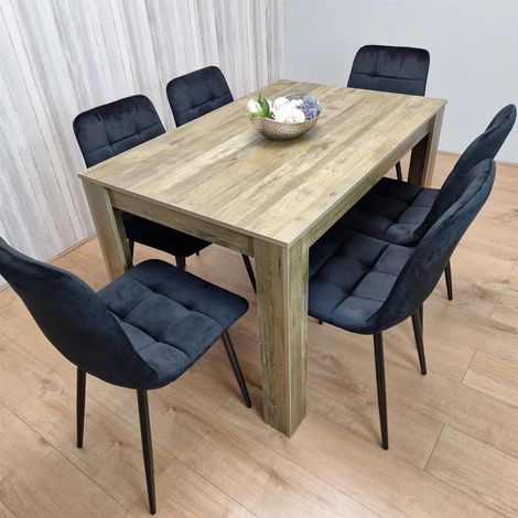 Dining Table and 6 Chairs Rustic Effect Wood Table 6 Black Velvet Chairs Dining Room (1/5)
