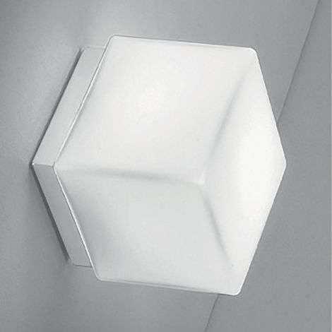 Dado Lampada da parete e soffitto design moderno in metallo bianco opaco con diffusore in vetro triplex opale, dimensioni 11x11x13 cm, attacco E27