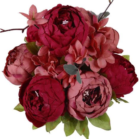 Bouquet de pivoines artificielles vintage, bouquet de mariée, fleurs en soie artificielles, centre de table, décoration pour la maison ou le bureau - Rouge neuf