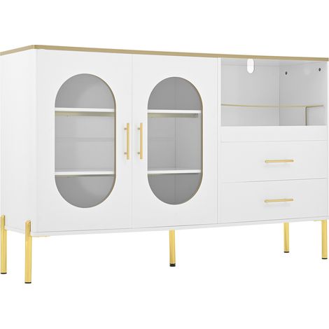 Credenza bianca con 2 cassetti e 2 ante in vetro, MDF, 140 x 38 x 90 cm (1/5)