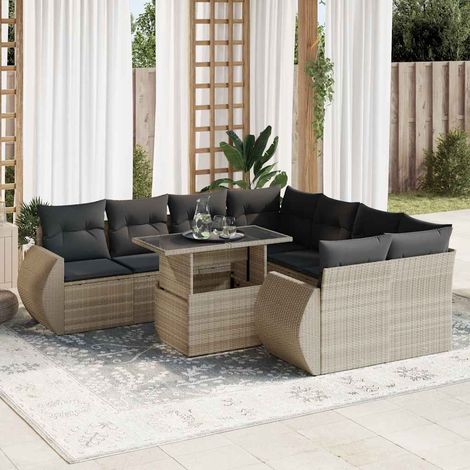 Ensemble de jardin 9 pièces en résine tressée gris clair avec rangement et table à hauteur réglable (1/5)