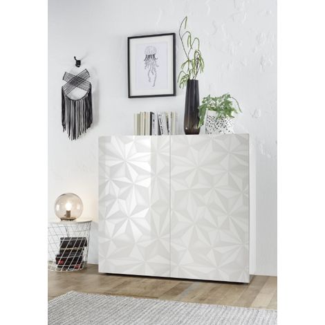 Buffet PRISMA haut 2 portes – Blanc laqué brillant – Design géométrique (1/3)