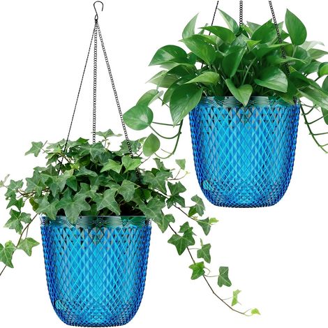 Lot de 2 Pots suspendus auto-arrosants 14 cm, plastique bleu, avec chaînes pour jardin et maison (1/5)