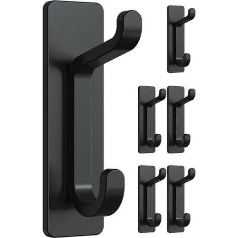 Klebender Wandhaken, Handtuchhalter Bad, Handtuchaufhänger Küche, Klebegarderobe, Wandmontage Ohne Bohren, Wasserdicht, Rostfrei, Schwarz, 6 Stück (1/5)